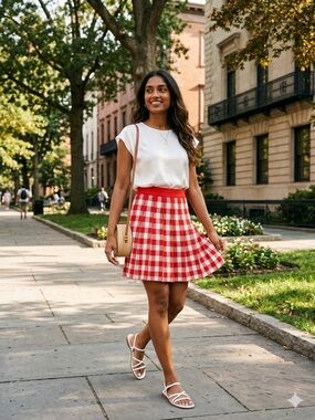Free Assembly Red & White Plaid Pleated Mini Skirt
